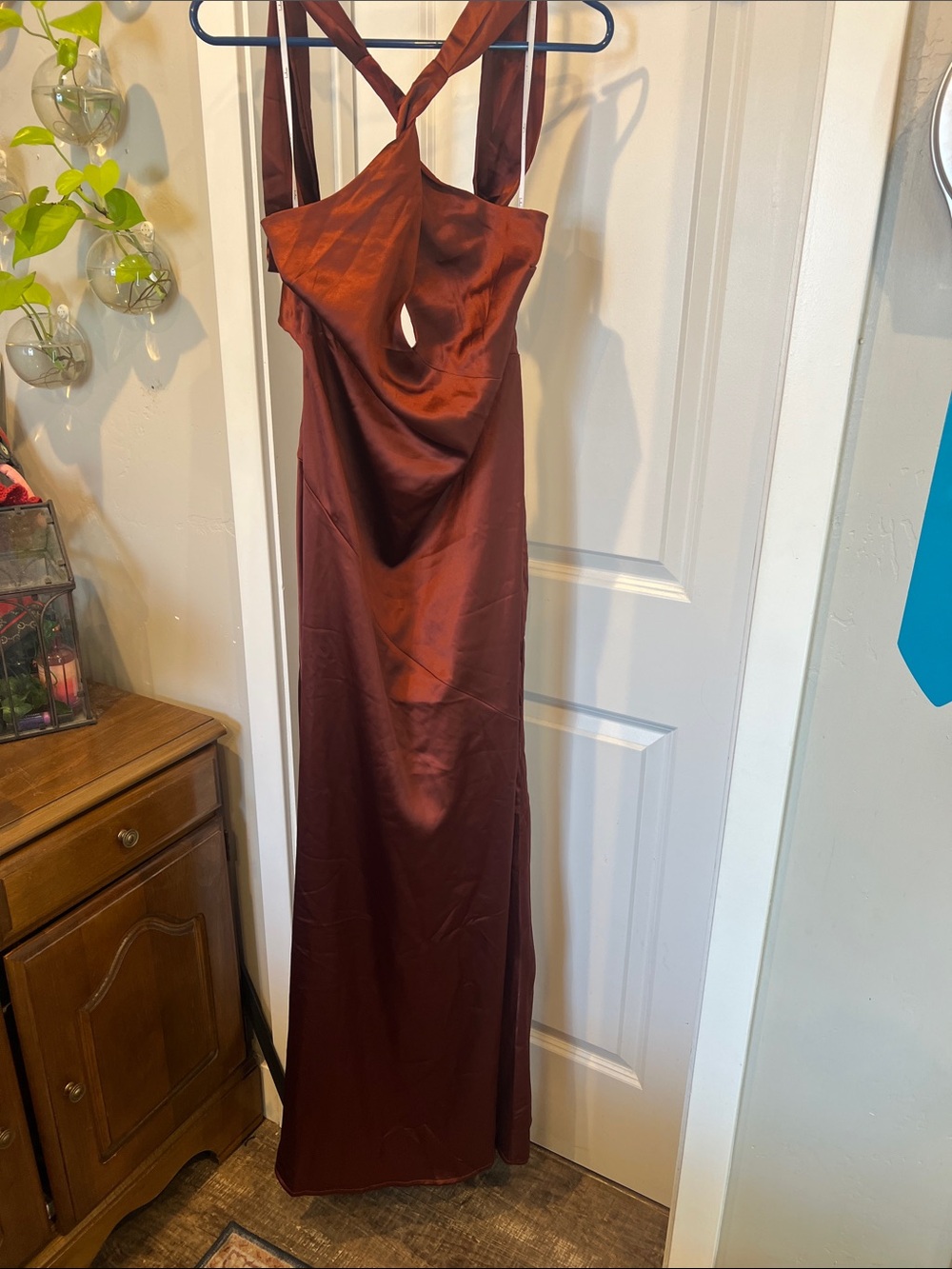 Twist-Strap Satin Maxi Dress in Burgundy